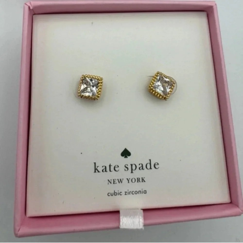 KATE SPADE Square Solitaire Crystals Gold-Tone Metal Hardware Earrings Boxed NWT